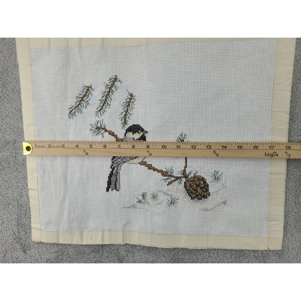 Handmade Cross Stitch Chickadee‎ Winter Scene Needlepoint Art Decor Completed